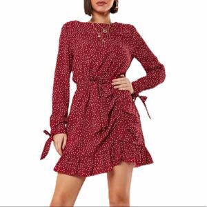 MISSGUIDED Red White Polka Dot Long Sleeve Runched Self Tie Mini Dress NWT Sz 12